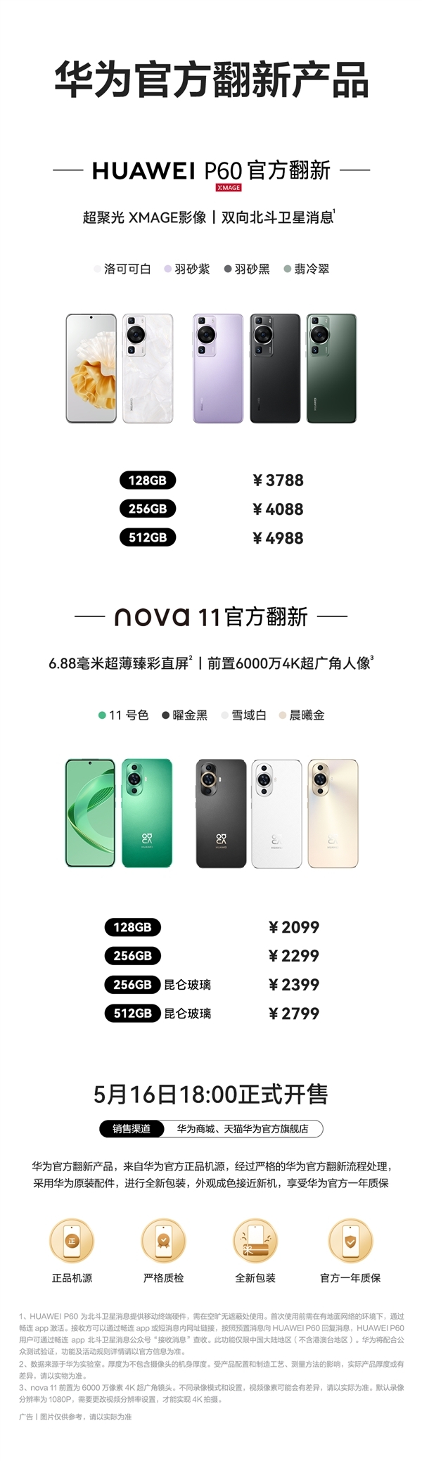 华为P60、nova 11官翻机上架销售 7天无理由退货机器为主售价2099元起，权威硬件评测网站,www.dnpcw.com