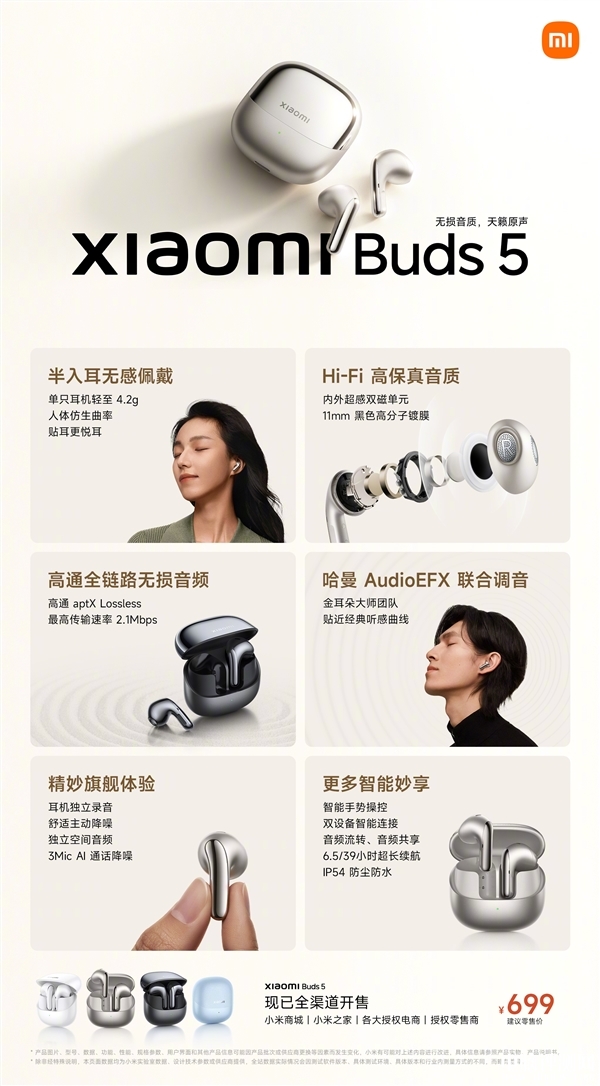 小米Buds 5旗舰耳机发布 天籁无损原声售价699元，权威硬件评测网站,www.dnpcw.com